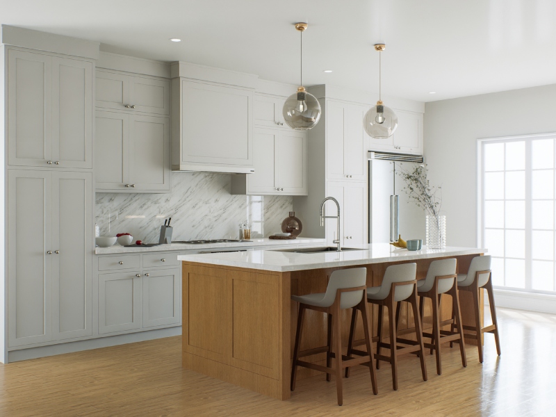 Modern kitchen with white cabinets, a large island, and wooden floors
